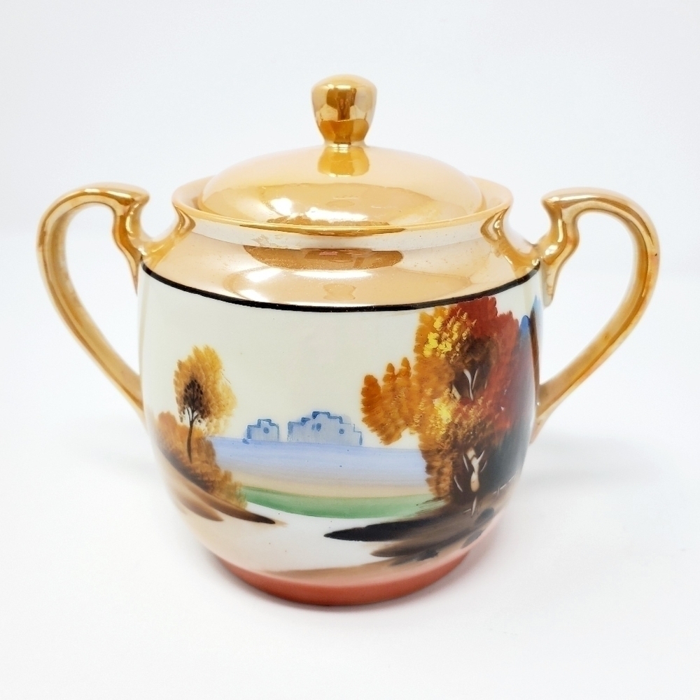 Vintage Chikaramachi Handpainted Sugar Bowl Tree Pond Scene Japan Rustic Shabby